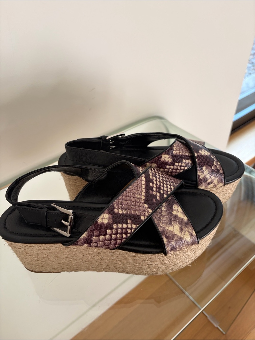 Womens Black and Taupe Snake-Print Espadrille Wedge Sandals